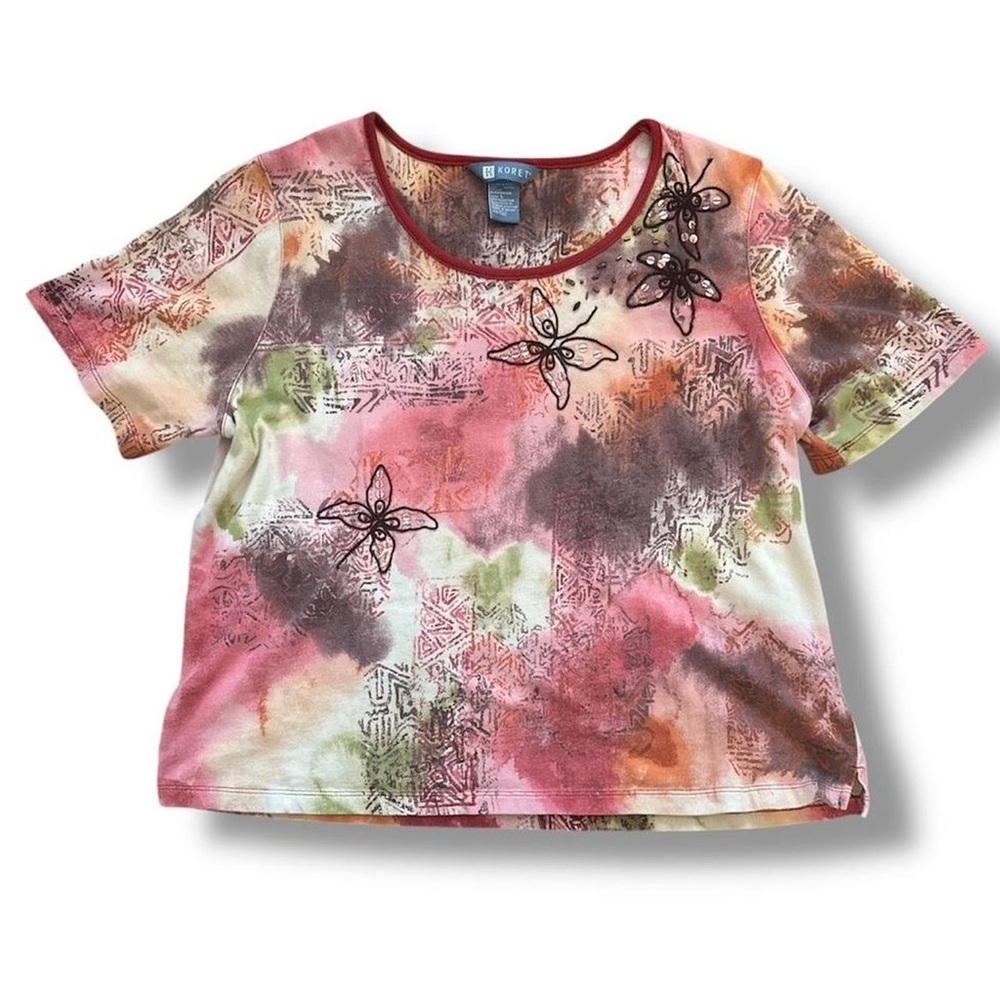 Colorful Graphic Embroidered T-Shirt with Floral and Butterfly Accents